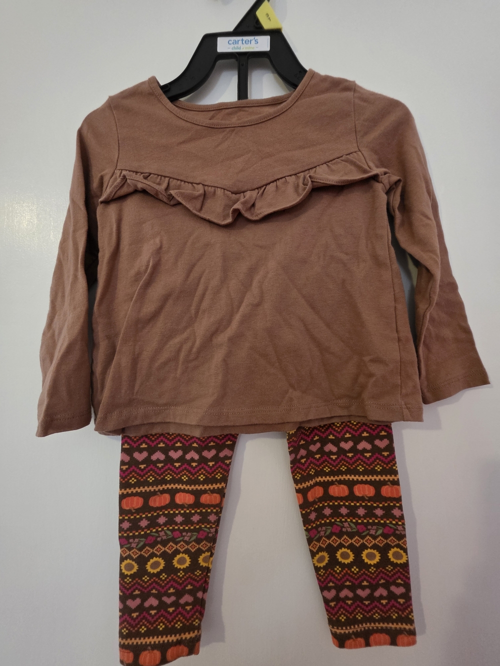 The Children's Place Brown Ruffle Top and Multicolor Patterned Leggings Set